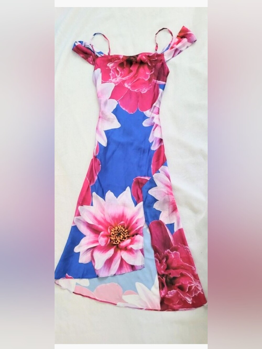 NWOT! Fall Fancy Satin Cobalt Blue Floral Solange Cocktail Y2k Maxi Dress Small